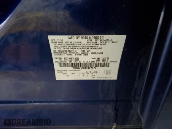 2015 Ford Flex SEL with VIN 2FMGK5C84FBA22741, listed as a Copart auction lot 41515835 with 85,460 mi miles and Salvage Title. Bid and sale history available at carsss.com. Image 14.