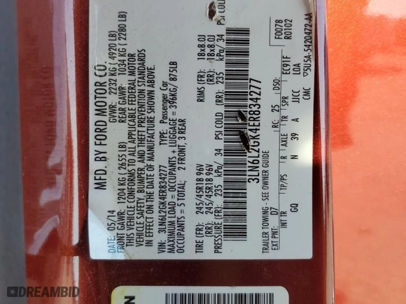 2014 Lincoln MKZ with VIN 3LN6L2GK4ER834277, listed as a Copart auction lot 42489055 with 107,321 mi miles and Salvage Title. Bid and sale history available at carsss.com. Image 14.