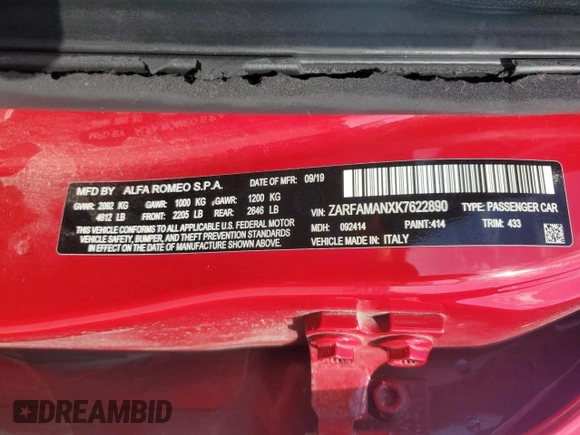 2019 Alfa Romeo Giulia z VIN ZARFAMANXK7622890, wystawiony jako Copart lot #46255435 z przebiegiem 86 630 mil mil oraz Szkody całkowita. Historia ofert i sprzedaży dostępna na DreamBid. Obrazek 12.
