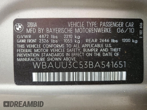 2011 BMW 3 Series 328i xDrive with VIN WBAUU3C53BA541651, listed as a Copart auction lot 88011515 with 232,279 mi miles and Salvage Title. Bid and sale history available at DreamBid. Image 13.