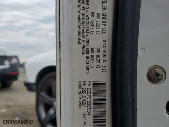 2013 Dodge Challenger R/T with VIN 2C3CDYBT9DH679344, listed as a Copart auction lot 52183435 with 123,261 mi miles and Salvage Title. Bid and sale history available at carsss.com. Image 12.