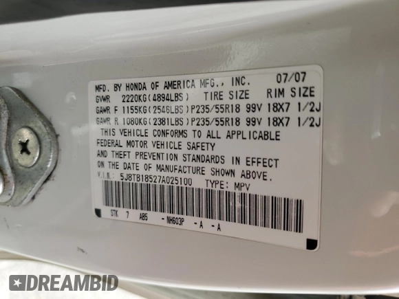2007 Acura RDX Technology with VIN 5J8TB18527A025100, listed as a Copart auction lot 43233865 with 235,627 mi miles and Salvage Title. Bid and sale history available at DreamBid. Image 14.