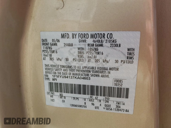 2007 Ford Escape Limited with VIN 1FMYU94137KA04603, listed as a Copart auction lot 47608314 with 211,771 mi miles and Non Repairable. Bid and sale history available at carsss.com. Image 13.