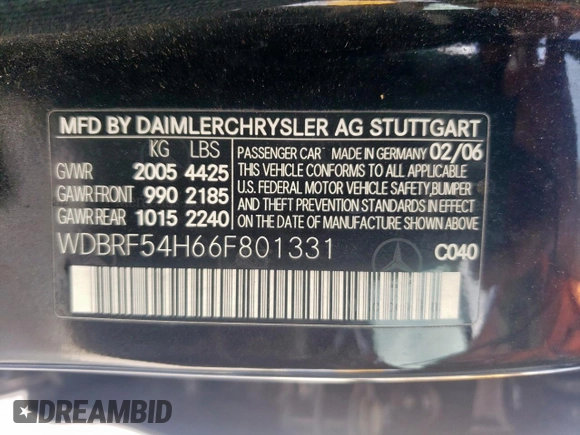 2006 Mercedes-Benz C 280 Luxury with VIN WDBRF54H66F801331, listed as a Copart auction lot 55140345 with 143,157 mi miles and Salvage title. Bid and sale history available at DreamBid. Image 12.