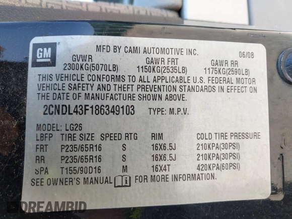 2008 Chevrolet Equinox LT z VIN 2CNDL43F186349103, wystawiony jako IAAI lot #42316875 z przebiegiem 165 495 mil mil oraz . Historia ofert i sprzedaży dostępna na DreamBid. Obrazek 9.