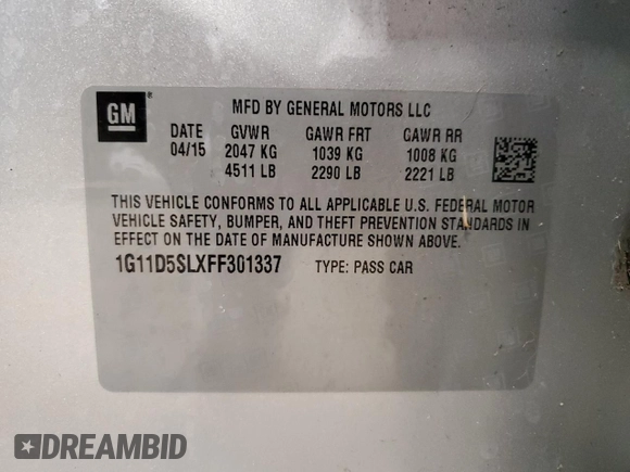 2015 Chevrolet Malibu LT with VIN 1G11D5SLXFF301337, listed as a Copart auction lot 54158065 with 78,501 mi miles and Clean Title. Bid and sale history available at DreamBid. Image 12.
