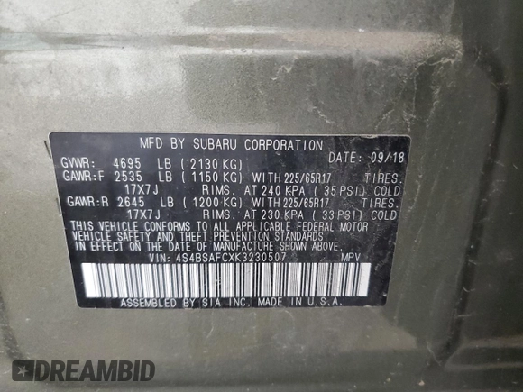 2019 Subaru Outback Premium with VIN 4S4BSAFCXK3230507, listed as a Copart auction lot 62276045 with 67,750 mi miles and Salvage title. Bid and sale history available at DreamBid. Image 13.