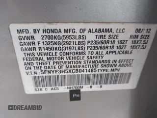 2012 Honda Pilot EX-L with VIN 5FNYF3H5XCB041485, listed as a IAAI auction lot 41796722 with 162,091 mi miles. Bid and sale history available at carsss.com. Image 9.