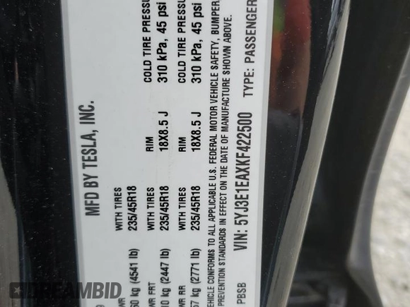 2019 Tesla Model 3 Mid Range z VIN 5YJ3E1EAXKF422500, wystawiony jako Copart lot #56065665 z przebiegiem 72 781 mil mil oraz Szkoda całkowita • Salvage title. Historia ofert i sprzedaży dostępna na DreamBid. Obrazek 13.