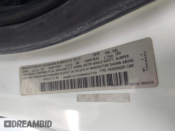 2009 Volkswagen Beetle S with VIN 3VWRF31YX9M402739, listed as a IAAI auction lot 42353898 with Not provided miles and . Bid and sale history available at DreamBid. Image 9.