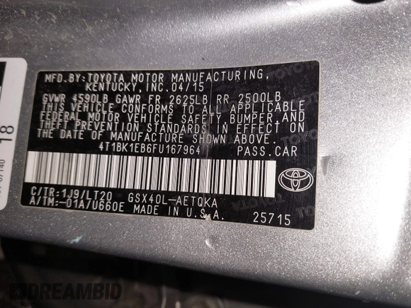 2015 Toyota Avalon Limited with VIN 4T1BK1EB6FU167964, listed as a IAAI auction lot 41904265 with 106,208 mi miles and . Bid and sale history available at DreamBid. Image 9.