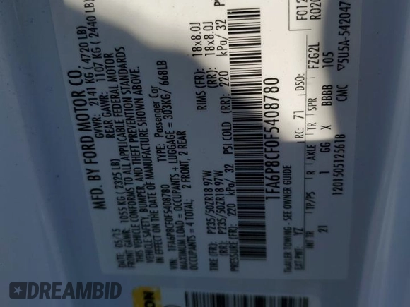 2015 Ford Mustang GT with VIN 1FA6P8CF0F5408780, listed as a Copart auction lot 60315245 with 56,668 mi miles and Salvage title. Bid and sale history available at DreamBid. Image 12.