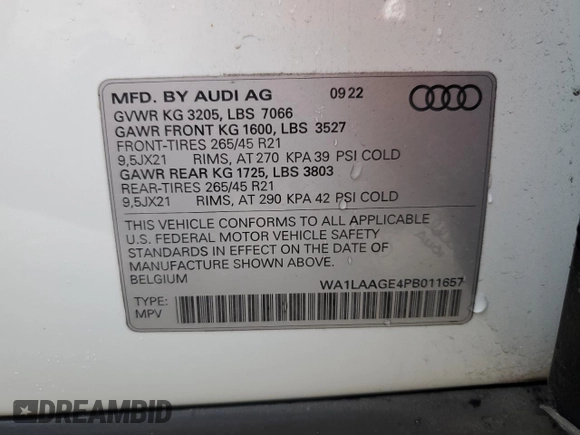 2023 Audi e-tron Premium Plus with VIN WA1LAAGE4PB011657, listed as a Copart auction lot 88472875 with 15,640 mi miles and Salvage title. Bid and sale history available at DreamBid. Image 13.