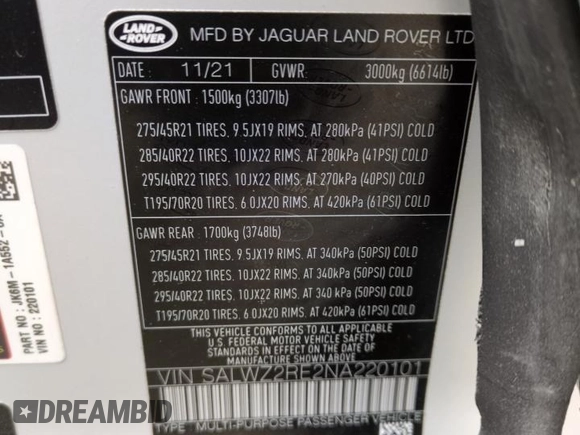 2022 Land Rover Range Rover Sport SVR with VIN SALWZ2RE2NA220101, listed as a Copart auction lot 54006325 with 24,809 mi miles and Salvage title. Bid and sale history available at DreamBid. Image 14.