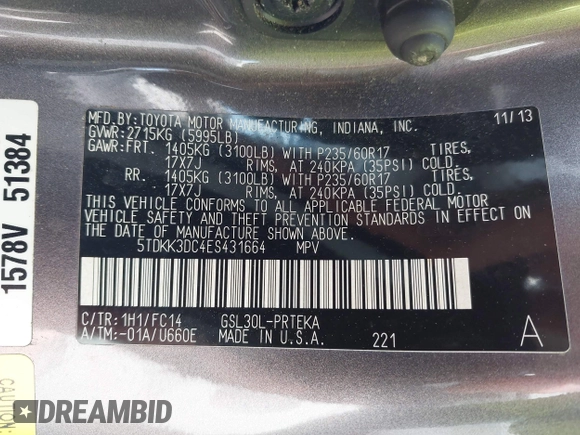2014 Toyota Sienna LE AAS with VIN 5TDKK3DC4ES431664, listed as a IAAI auction lot 42081429 with 208,505 mi miles and . Bid and sale history available at carsss.com. Image 9.