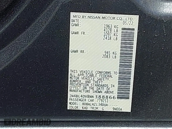2022 Nissan Altima 2.5 SV with VIN 1N4BL4DV8NN388866, listed as a IAAI auction lot 41711215 with 54,999 mi miles. Bid and sale history available at carsss.com. Image 9.