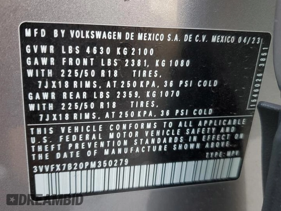 2023 Volkswagen Taos S с VIN 3VVFX7B20PM350279, выставлен на аукционе Copart как лот 86910324 с пробегом 32 445 миль миль и Списание • Salvage title. История ставок и продаж доступна на DreamBid. Изображение 13.