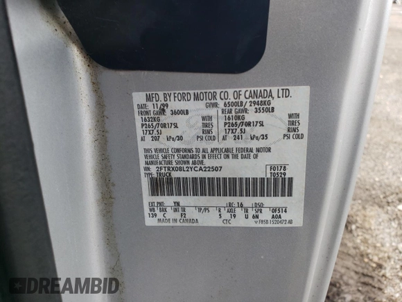 2000 Ford F-150 XL with VIN 2FTRX08L2YCA22507, listed as a Copart auction lot 55390075 with 197,785 mi miles and Salvage title. Bid and sale history available at DreamBid. Image 12.