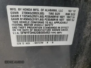 2013 Honda Pilot EX-L with VIN 5FNYF3H62DB005493, listed as a Copart auction lot 42238615 with 189,176 mi miles and Salvage title. Bid and sale history available at DreamBid. Image 15.