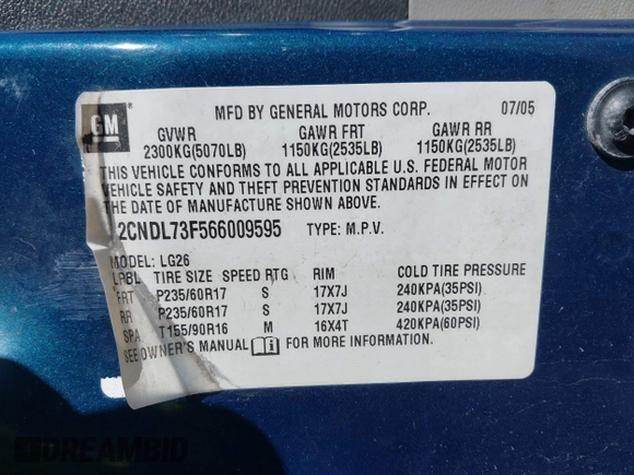 2006 Chevrolet Equinox LT with VIN 2CNDL73F566009595, listed as a IAAI auction lot 41902406 with 156,294 mi miles. Bid and sale history available at carsss.com. Image 9.