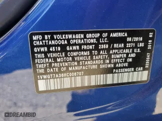 2017 Volkswagen Passat 1.8T SE w/Technology with VIN 1VWGT7A36HC006707, listed as a Copart auction lot 49280155 with 68,135 mi miles and Salvage Title. Bid and sale history available at carsss.com. Image 12.