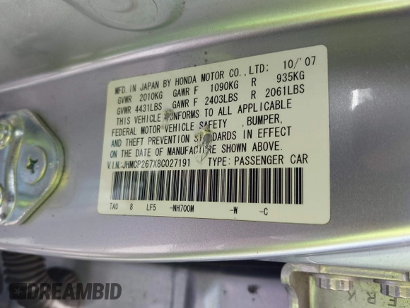 2008 Honda Accord EX with VIN JHMCP267X8C027191, listed as a IAAI auction lot 42208229 with 172,981 mi miles and . Bid and sale history available at DreamBid. Image 9.