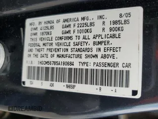 2005 Honda Accord EX z VIN 1HGCM56785A190684, wystawiony jako Copart lot #57291925 z przebiegiem 147 091 mil mil oraz Tytuł czysty. Historia ofert i sprzedaży dostępna na DreamBid. Obrazek 12.