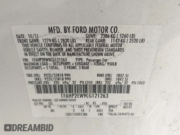 2012 Ford Taurus SEL with VIN 1FAHP2EW9CG121263, listed as a IAAI auction lot 41785838 with 185,433 mi miles and . Bid and sale history available at DreamBid. Image 9.