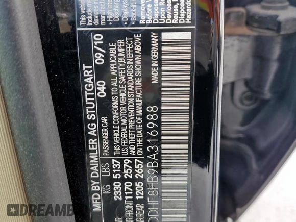 2011 Mercedes-Benz E 350 Luxury with VIN WDDHF8HB9BA316988, listed as a Copart auction lot 61934345 with 59,362 mi miles and Salvage title. Bid and sale history available at DreamBid. Image 12.