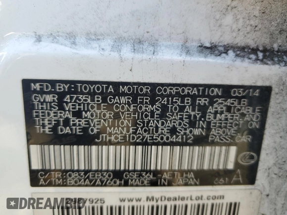 2014 Lexus IS 350 z VIN JTHCE1D27E5004412, wystawiony jako Copart lot #45234785 z przebiegiem 116 144 mil mil oraz Szkoda całkowita • Salvage title. Historia ofert i sprzedaży dostępna na DreamBid. Obrazek 12.