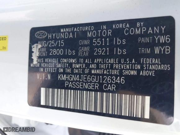 2016 Hyundai Genesis 3.8L with VIN KMHGN4JE6GU126346, listed as a IAAI auction lot 41375161 with 111,932 mi miles. Bid and sale history available at carsss.com. Image 9.