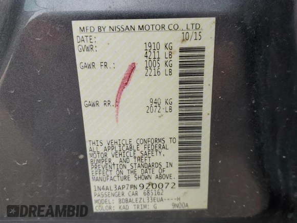 2015 Nissan Altima S with VIN 1N4AL3AP7FN920072, listed as a Copart auction lot 50205575 with 185,107 mi miles and Clean Title. Bid and sale history available at DreamBid. Image 13.