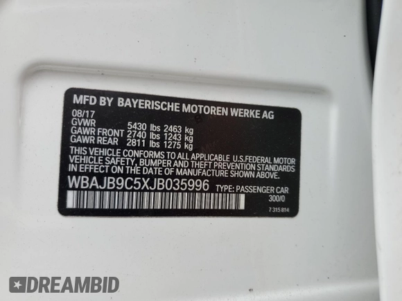 2018 BMW 5 Series M550i xDrive with VIN WBAJB9C5XJB035996, listed as a Copart auction lot 61459425 with Not provided miles and Salvage title. Bid and sale history available at DreamBid. Image 12.
