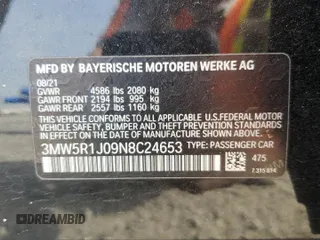 2022 BMW 3 Series 330i z VIN 3MW5R1J09N8C24653, wystawiony jako Copart lot #53022275 z przebiegiem Nie podano mil oraz Szkoda całkowita • Salvage title. Historia ofert i sprzedaży dostępna na DreamBid. Obrazek 12.