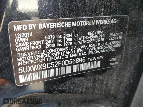 2015 BMW X3 xDrive28i with VIN 5UXWX9C52F0D56896, listed as a Copart auction lot 53823745 with 158,101 mi miles and Clean Title. Bid and sale history available at DreamBid. Image 13.