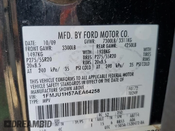 2010 Ford Expedition Eddie Bauer with VIN 1FMJU1H57AEA64258, listed as a Copart auction lot 56624625 with 200,160 mi miles and Clean title. Bid and sale history available at DreamBid. Image 13.