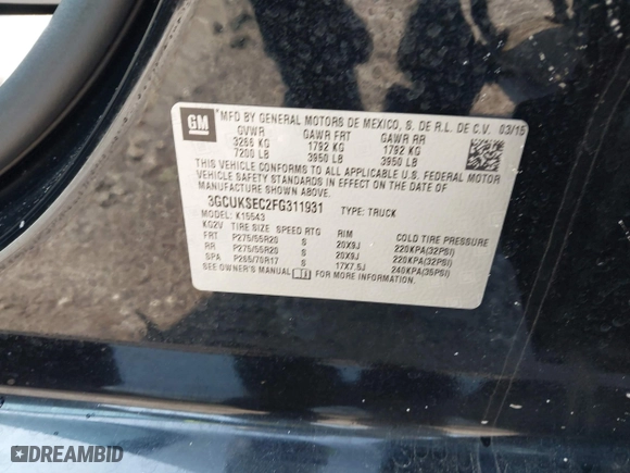 2015 Chevrolet Silverado 1500 LTZ with VIN 3GCUKSEC2FG311931, listed as a IAAI auction lot 41530887 with 103,280 mi miles. Bid and sale history available at carsss.com. Image 9.
