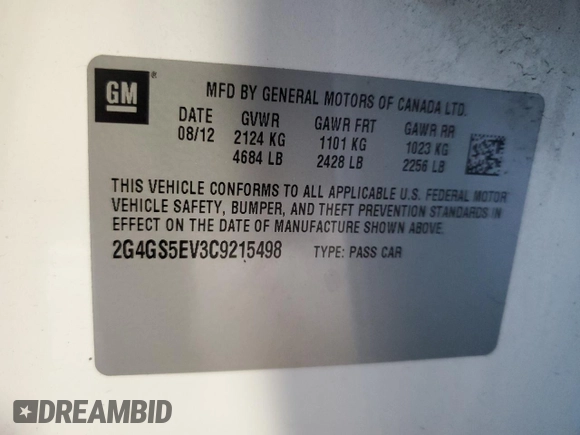 2012 Buick Regal Turbo Premium 1 with VIN 2G4GS5EV3C9215498, listed as a Copart auction lot 55555485 with 159,870 mi miles and Salvage title. Bid and sale history available at DreamBid. Image 12.