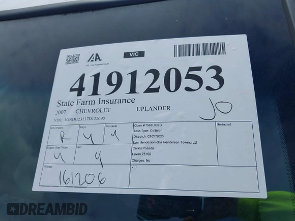 2007 Chevrolet Uplander LS with VIN 1GNDU23117D122690, listed as a IAAI auction lot 41912053 with 161,206 mi miles and . Bid and sale history available at DreamBid. Image 17.