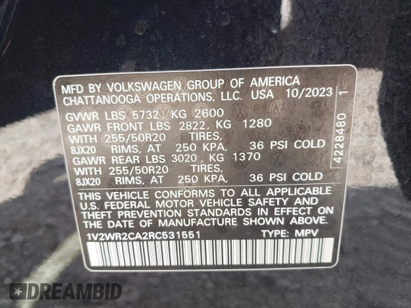 2024 Volkswagen Atlas SE with VIN 1V2WR2CA2RC531551, listed as a IAAI auction lot 42733108 with 34,551 mi miles and . Bid and sale history available at DreamBid. Image 9.
