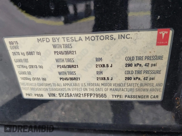 2015 Tesla Model S 85D with VIN 5YJSA1H21FFP79565, listed as a IAAI auction lot 42076401 with 162,139 mi miles. Bid and sale history available at carsss.com. Image 9.