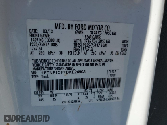 2013 Ford F-150 XL with VIN 1FTNF1CF7DKE24893, listed as a Copart auction lot 44998155 with 175,224 mi miles and Salvage Title. Bid and sale history available at carsss.com. Image 12.