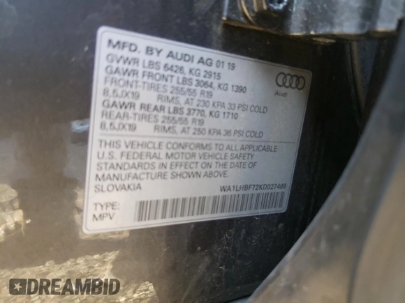 2019 Audi Q7 with VIN WA1LHBF72KD027499, listed as a Copart auction lot 72162433 with 13,244 mi miles and . Bid and sale history available at DreamBid. Image 13.