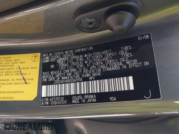 2008 Toyota Highlander with VIN JTEES41AX82060958, listed as a IAAI auction lot 42266787 with 210,652 mi miles and . Bid and sale history available at DreamBid. Image 9.