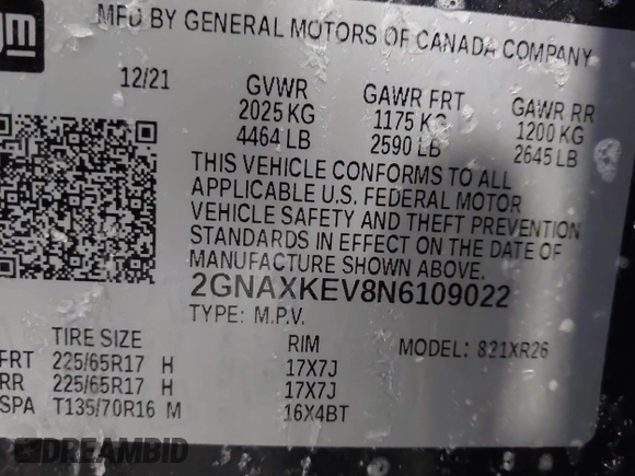 2022 Chevrolet Equinox LT z VIN 2GNAXKEV8N6109022, wystawiony jako IAAI lot #41614275 z przebiegiem 58 428 mil mil oraz . Historia ofert i sprzedaży dostępna na DreamBid. Obrazek 9.