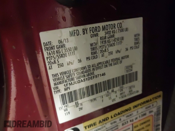 2013 Ford Expedition Limited with VIN 1FMJU2A51DEF57146, listed as a IAAI auction lot 42220639 with 161,288 mi miles and . Bid and sale history available at DreamBid. Image 9.