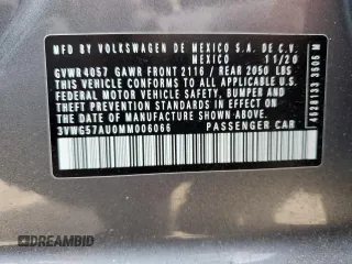 2021 Volkswagen Golf TSI с VIN 3VWG57AU0MM006066, выставлен на аукционе Copart как лот 61004554 с пробегом 62 708 миль миль и Списание • Salvage title. История ставок и продаж доступна на DreamBid. Изображение 13.