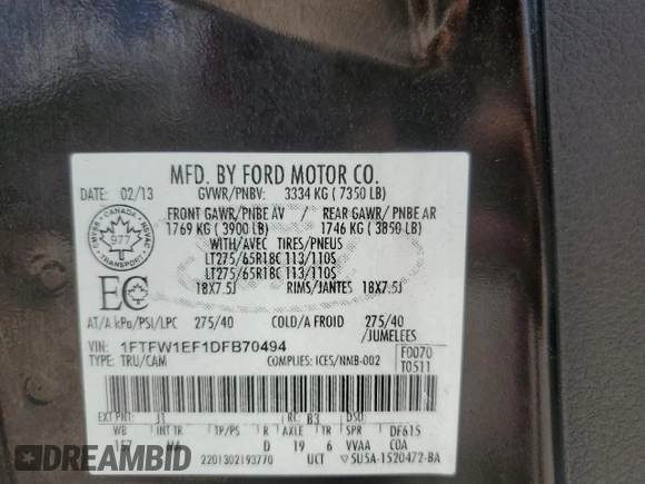 2013 Ford F-150 XL with VIN 1FTFW1EF1DFB70494, listed as a Copart auction lot 61549945 with 124,216 mi miles and Salvage title. Bid and sale history available at DreamBid. Image 12.