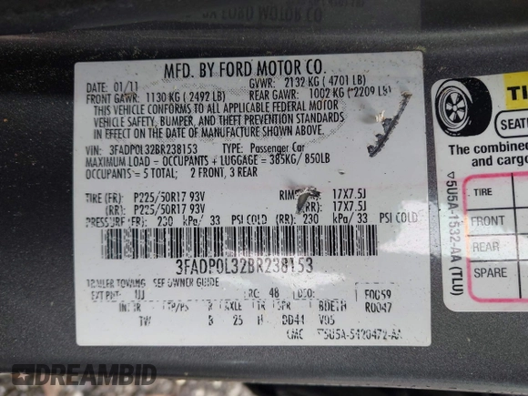 2011 Ford Fusion Hybrid z VIN 3FADP0L32BR238153, wystawiony jako IAAI lot #42113064 z przebiegiem 145 932 mil mil oraz . Historia ofert i sprzedaży dostępna na DreamBid. Obrazek 9.