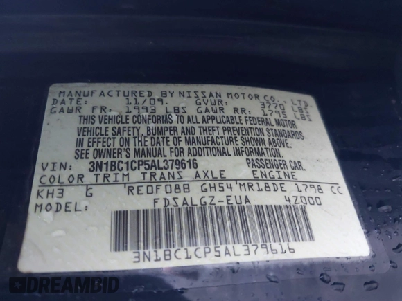 2010 Nissan Versa S with VIN 3N1BC1CP5AL379616, listed as a IAAI auction lot 41640674 with 163,131 mi miles and . Bid and sale history available at DreamBid. Image 9.